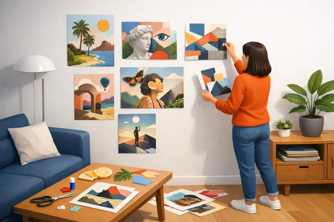 Originele collage kunst aan muur kiezen