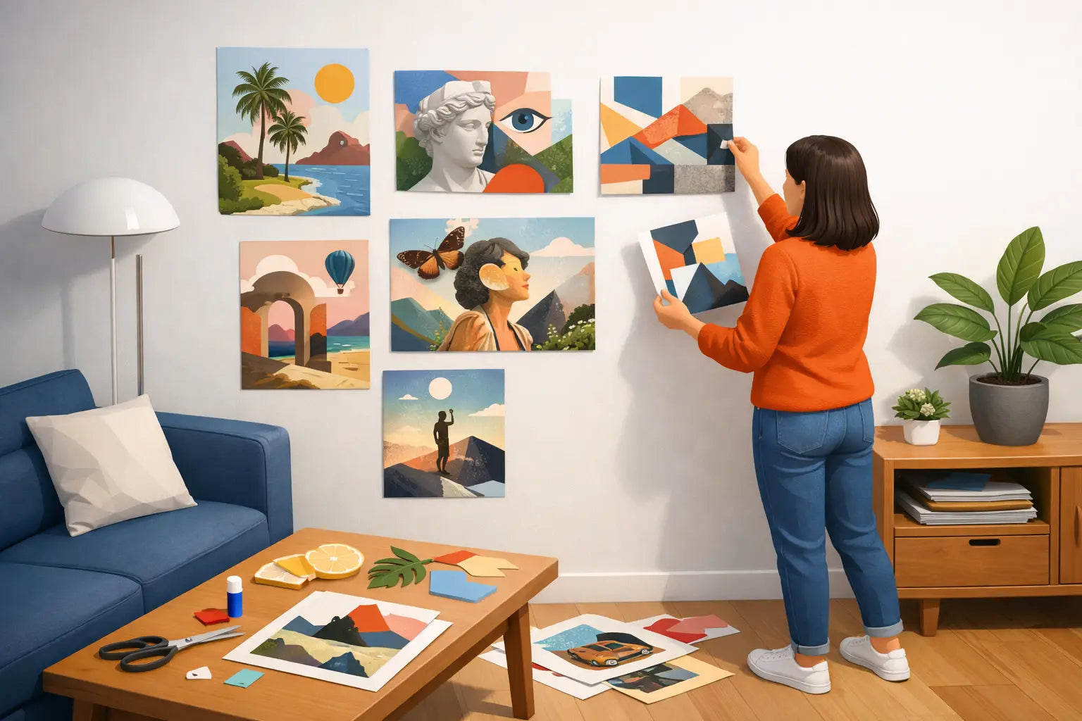 Originele collage kunst aan muur kiezen